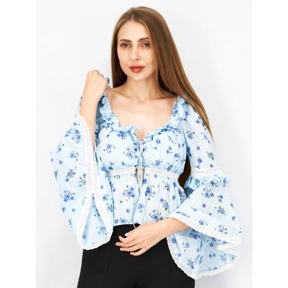 ASOS Bell Sleeve Lace Up Front Top Blue Floral Blouse Women's 10 Faerie Cottage - Picture 9 of 10